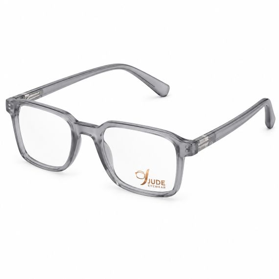 Jude Eyewear Ash Grey square-frame glasses, angled view.